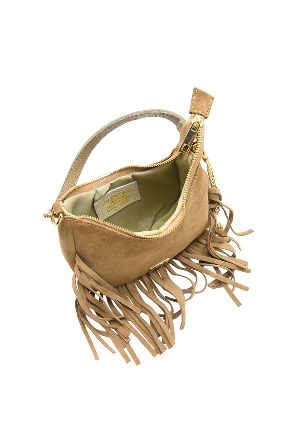 Borsetta a mezzaluna a tracolla in pelle scamosciata con frange V811F