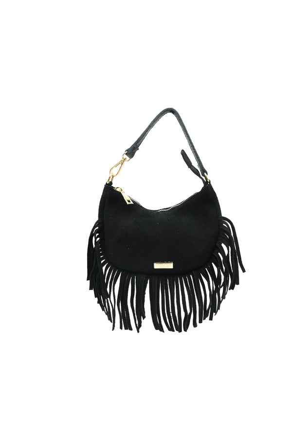Borsetta a mezzaluna a tracolla in pelle scamosciata con frange V811F