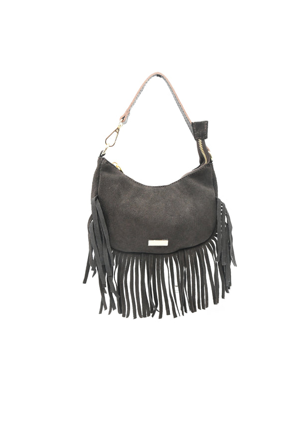 Borsetta a mezzaluna a tracolla in pelle scamosciata con frange V811F