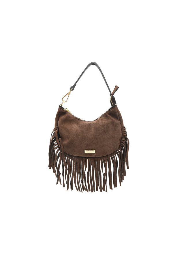 Borsetta a mezzaluna a tracolla in pelle scamosciata con frange V811F