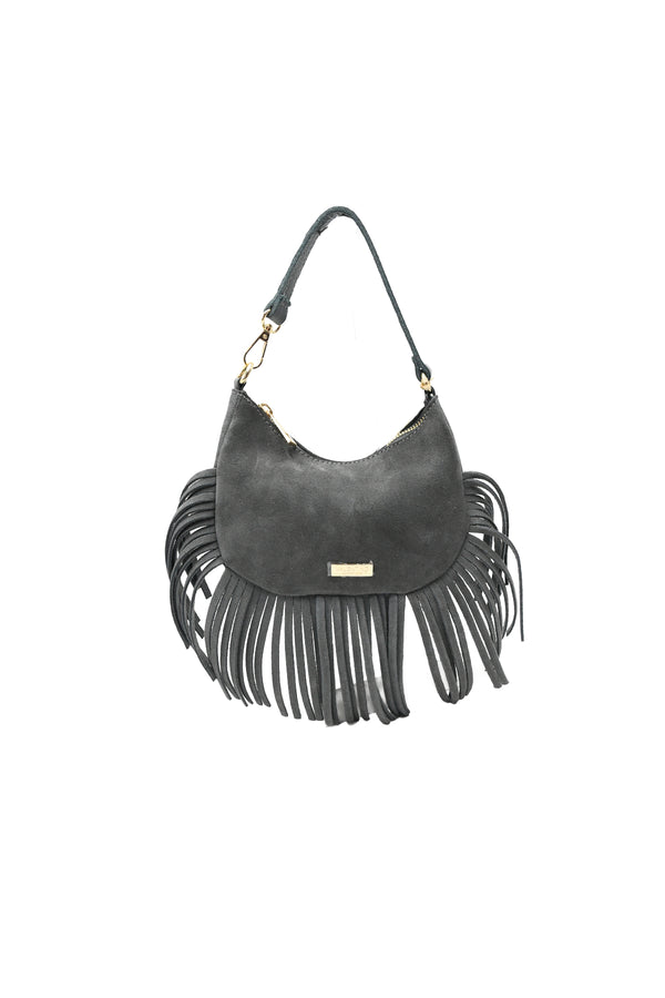 Borsetta a mezzaluna a tracolla in pelle scamosciata con frange V811F