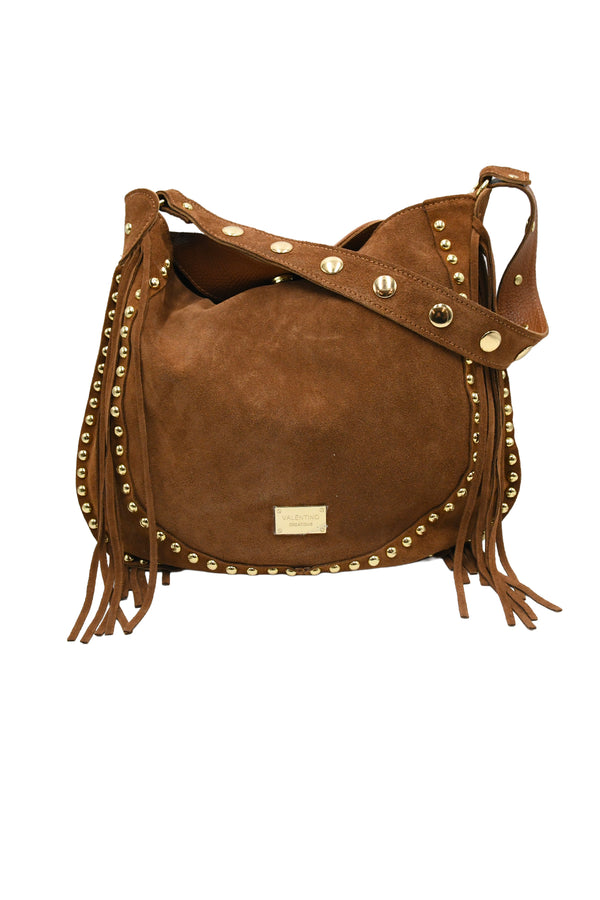 Borsa a tracolla con borchie e frange in vera pelle scamosciata e martellata VALENTINO Creations V969