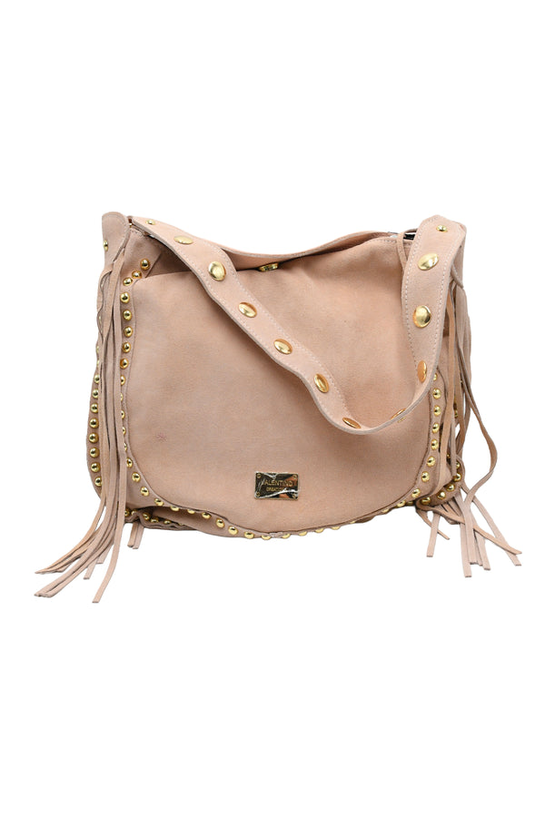Borsa a tracolla con borchie e frange in vera pelle scamosciata e martellata VALENTINO Creations V969