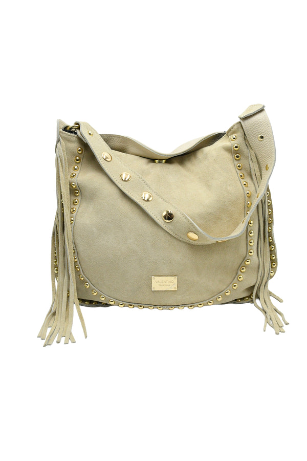Borsa a tracolla con borchie e frange in vera pelle scamosciata e martellata VALENTINO Creations V969