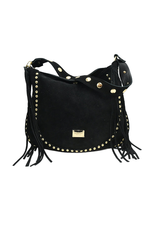 Borsa a tracolla con borchie e frange in vera pelle scamosciata e martellata VALENTINO Creations V969