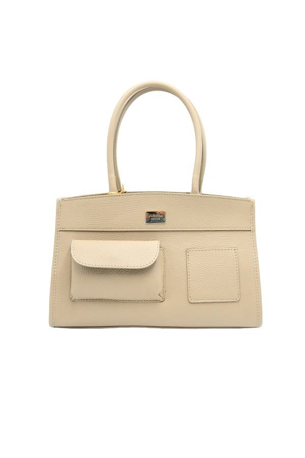 Borsa a spalla in vera pelle con tasche asimmetriche frontali V979