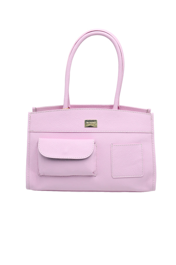 Borsa a spalla in vera pelle con tasche asimmetriche frontali V979