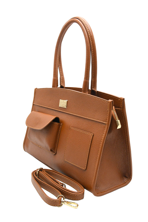 Borsa a spalla in vera pelle con tasche asimmetriche frontali V979