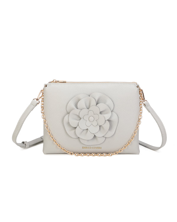 Borsetta pochette in ecopelle con catena a tracolla e fiore ECG609