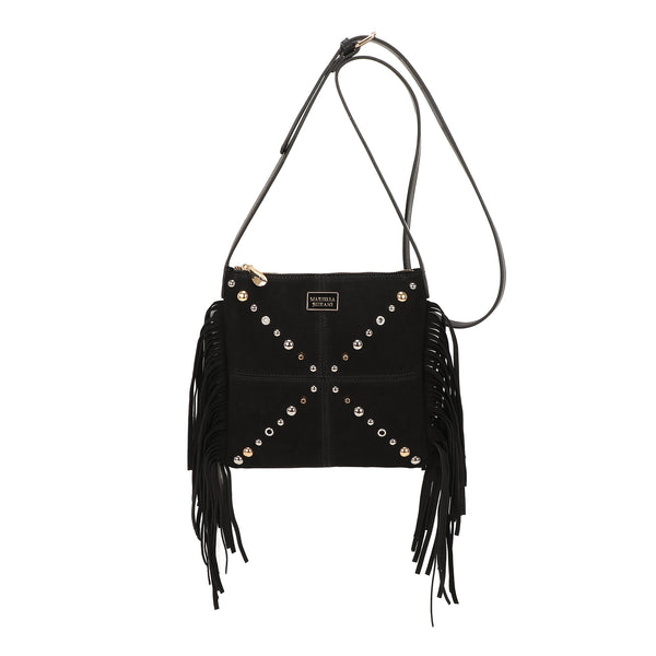 Borsa piatta a tracolla in ecopelle scamosciata con frange e borchie MB035
