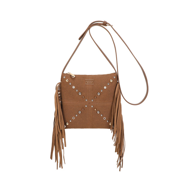 Borsa piatta a tracolla in ecopelle scamosciata con frange e borchie MB035