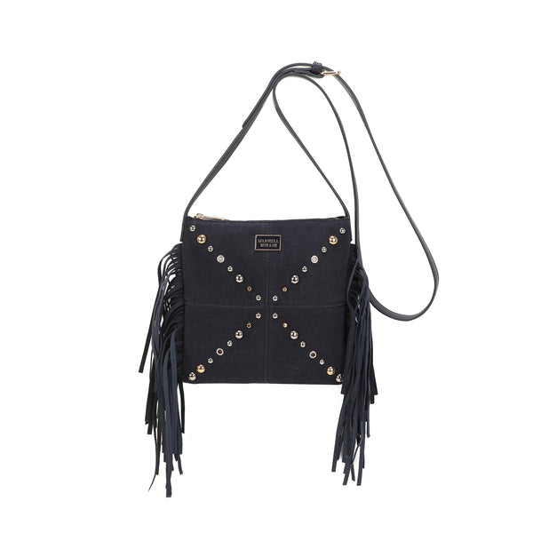 Borsa piatta a tracolla in ecopelle scamosciata con frange e borchie MB035