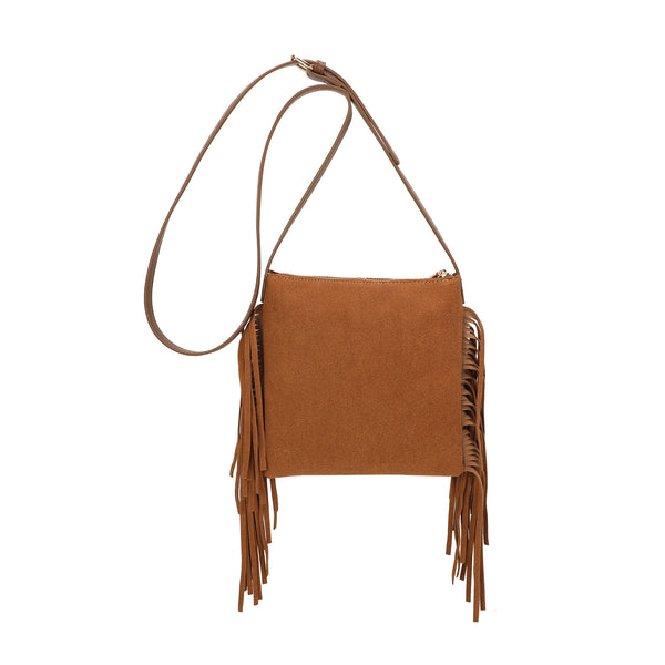 Borsa piatta a tracolla in ecopelle scamosciata con frange e borchie MB035