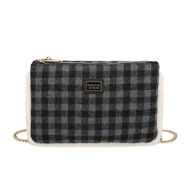Pochette a tracolla in tessuto tartan e pelliccia ecologica MB6339