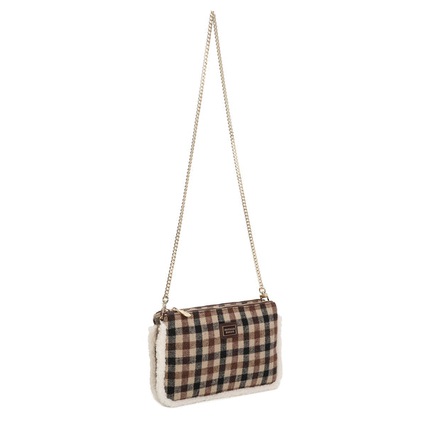 Pochette a tracolla in tessuto tartan e pelliccia ecologica MB6339