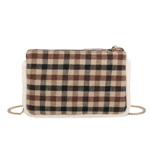 Pochette a tracolla in tessuto tartan e pelliccia ecologica MB6339