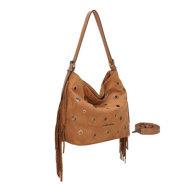 Borsa a spalla morbida in ecopelle scamosciata con frange e occhielli metallici MB5003