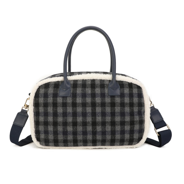 Borsa a mano e tracolla in tessuto tartan e pelliccia ecologica MB6340