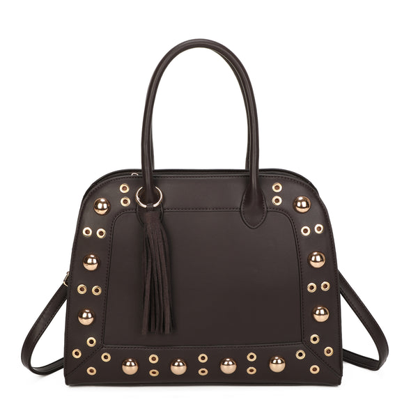 Borsa bauletto in ecopelle con borchie e occhielli e charm frangia 2279
