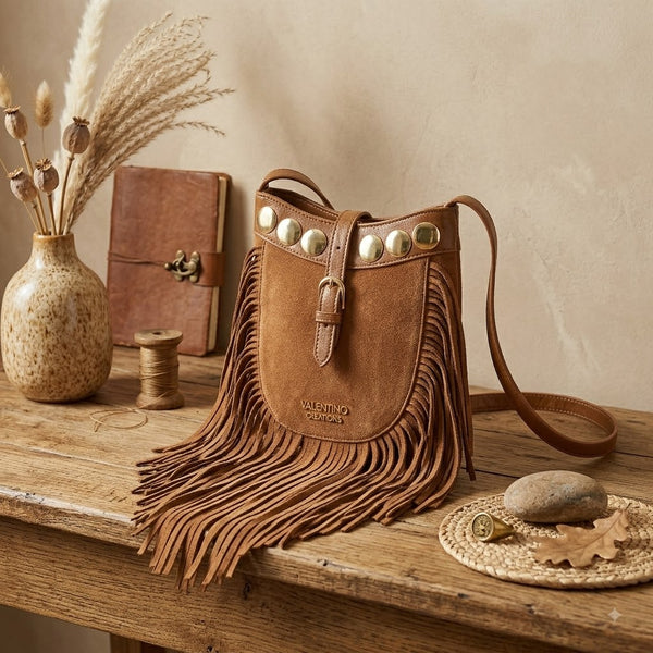 Borsetta a tracolla boho in ecopelle scamosciata con frange e borchie Valentino Creations VC7090