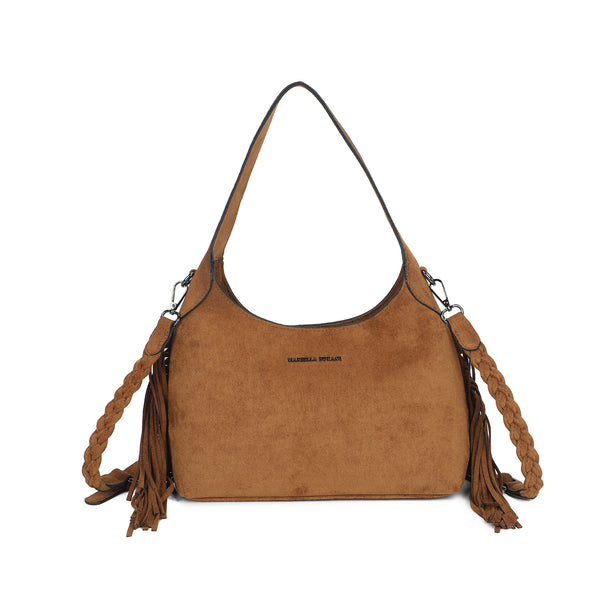 Borsa spalla Mariella Burani in ecopelle camoscio con frange e tracolla intrecciata MB5002