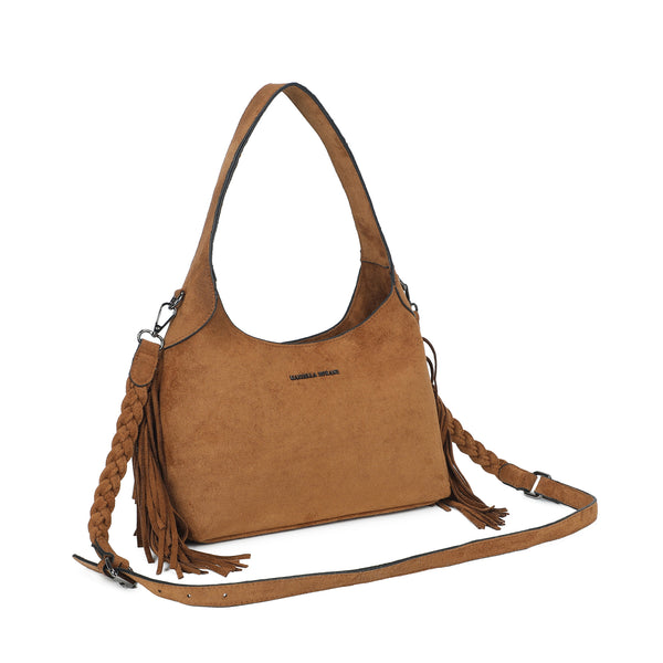 Borsa spalla Mariella Burani in ecopelle camoscio con frange e tracolla intrecciata MB5002