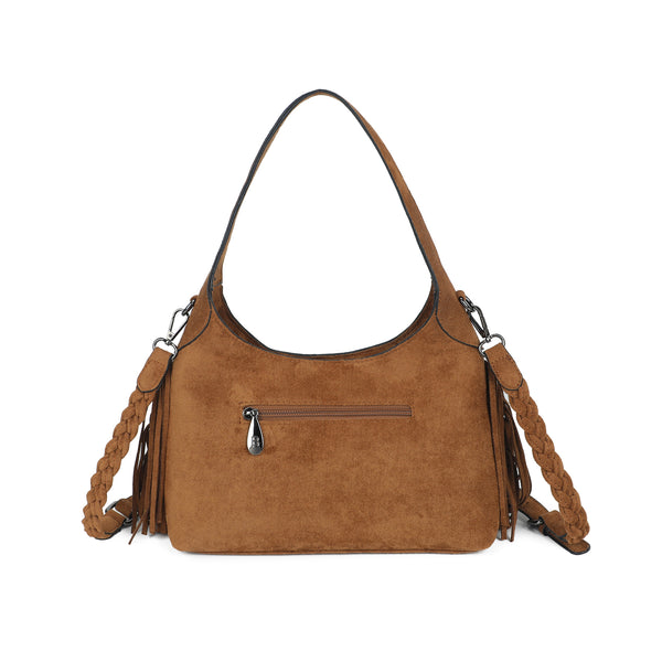 Borsa spalla Mariella Burani in ecopelle camoscio con frange e tracolla intrecciata MB5002
