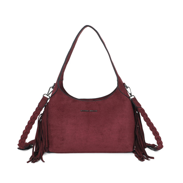 Borsa spalla Mariella Burani in ecopelle camoscio con frange e tracolla intrecciata MB5002
