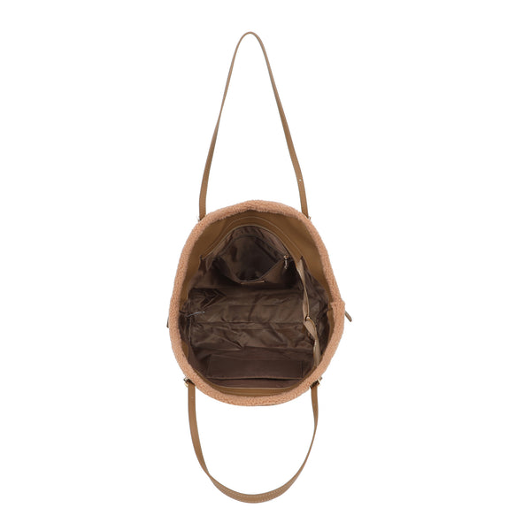 Borsa shopper a spalla in ecopelle scamosciata e teddy MB053