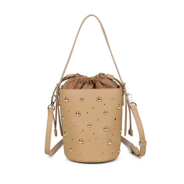 Borsa a secchiello in ecopelle con borchie e chiusura a coulisse VC523