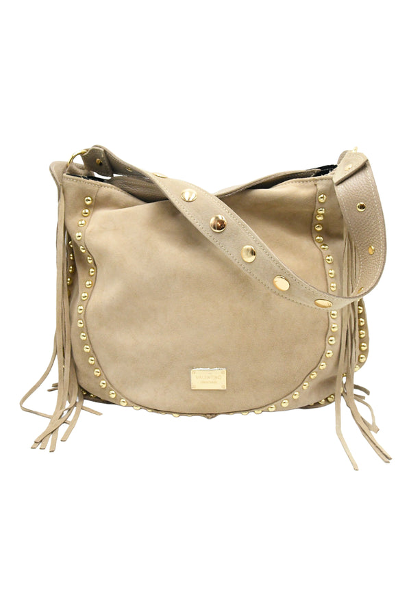 Borsa a tracolla con borchie e frange in vera pelle scamosciata e martellata VALENTINO Creations V969