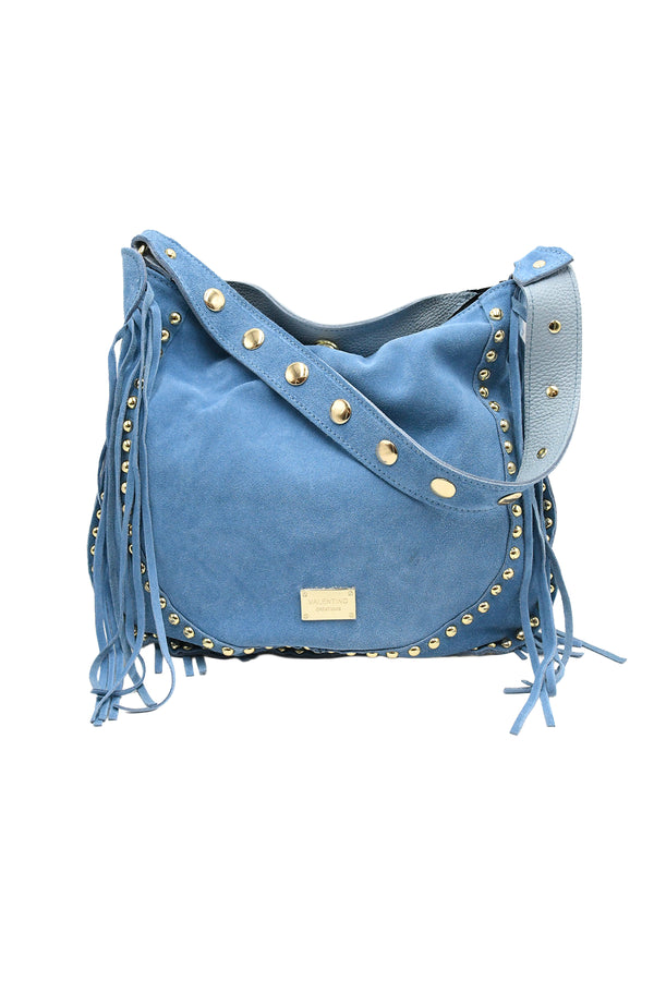 Borsa a tracolla con borchie e frange in vera pelle scamosciata e martellata VALENTINO Creations V969