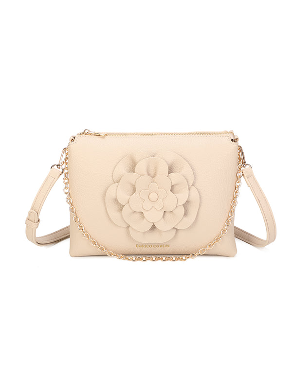 Borsetta pochette in ecopelle con catena a tracolla e fiore ECG609