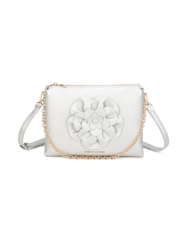 Borsetta pochette in ecopelle con catena a tracolla e fiore ECG609