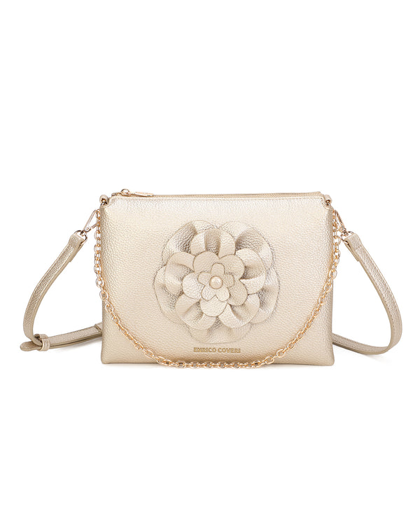 Borsetta pochette in ecopelle con catena a tracolla e fiore ECG609