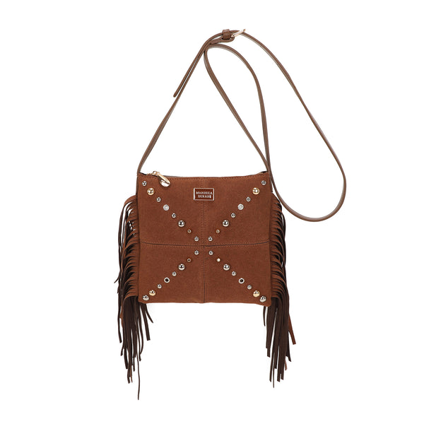 Borsa piatta a tracolla in ecopelle scamosciata con frange e borchie MB035