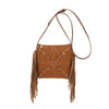 Borsa piatta a tracolla in ecopelle scamosciata con frange e borchie MB035