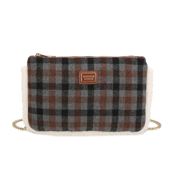 Pochette a tracolla in tessuto tartan e pelliccia ecologica MB6339