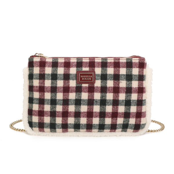 Pochette a tracolla in tessuto tartan e pelliccia ecologica MB6339