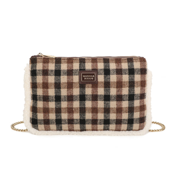 Pochette a tracolla in tessuto tartan e pelliccia ecologica MB6339