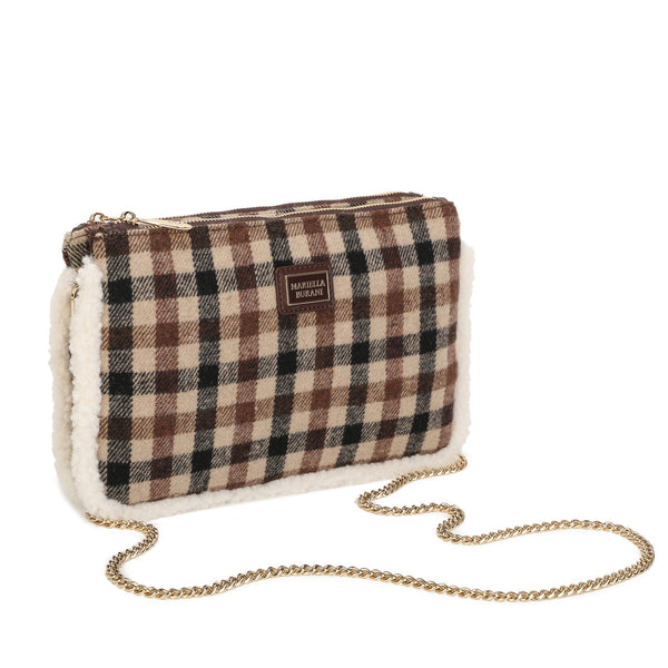 Pochette a tracolla in tessuto tartan e pelliccia ecologica MB6339