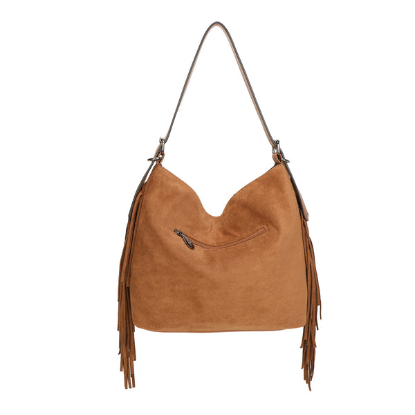 Borsa a spalla morbida in ecopelle scamosciata con frange e occhielli metallici MB5003