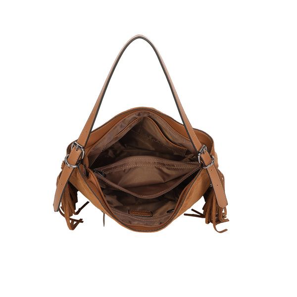 Borsa a spalla morbida in ecopelle scamosciata con frange e occhielli metallici MB5003