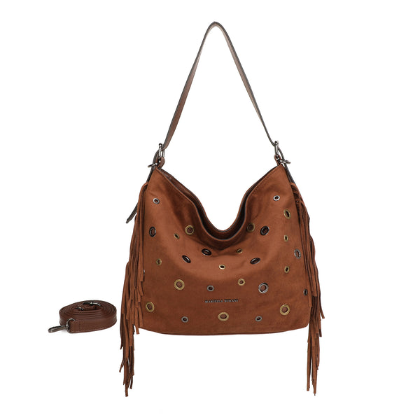Borsa a spalla morbida in ecopelle scamosciata con frange e occhielli metallici MB5003