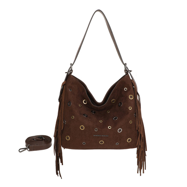 Borsa a spalla morbida in ecopelle scamosciata con frange e occhielli metallici MB5003