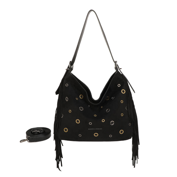 Borsa a spalla morbida in ecopelle scamosciata con frange e occhielli metallici MB5003
