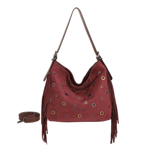 Borsa a spalla morbida in ecopelle scamosciata con frange e occhielli metallici MB5003