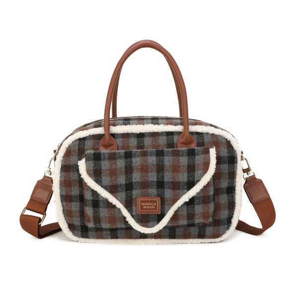 Borsa a mano e tracolla in tessuto tartan e pelliccia ecologica MB6340
