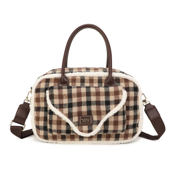 Borsa a mano e tracolla in tessuto tartan e pelliccia ecologica MB6340