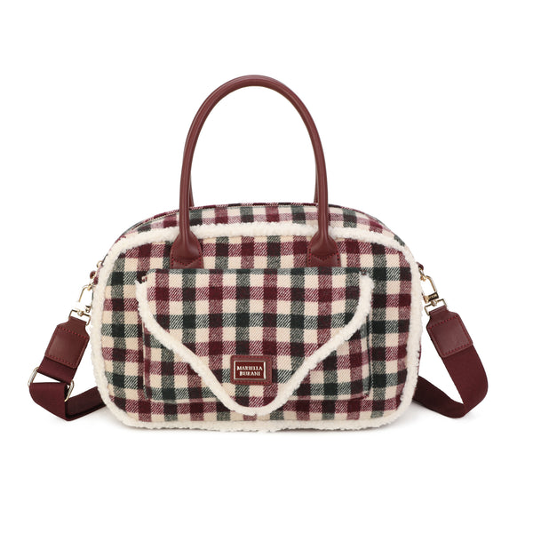 Borsa a mano e tracolla in tessuto tartan e pelliccia ecologica MB6340